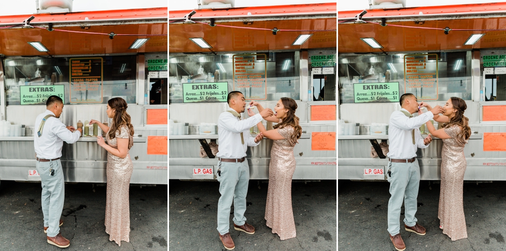 just married couple eating tacos from a taco truck